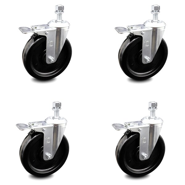 6 Inch Phenolic Swivel 3/8 Inch Threaded Stem Caster Set with Total Lock Brake